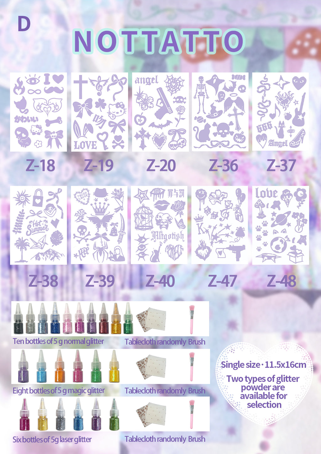 10 Sheets Set DIY Glitter Tattoos-series